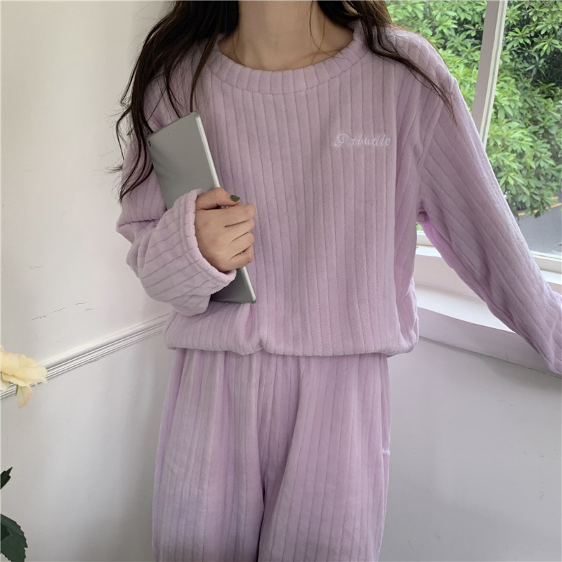 珊瑚绒睡衣女秋冬加厚法兰绒可爱家居服外穿宽松长款时尚开衫套装