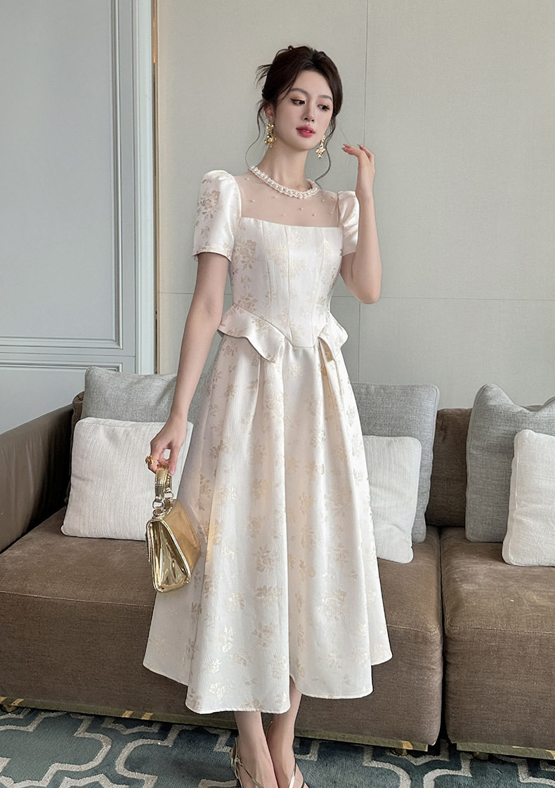 Đầm maxi nữ oversize tay ngắn cổ tròn họa tiết hoa nhí phong cách Pháp — [Màu hồng đào] chi tiết 8