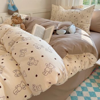 Class A Pure Cotton Four-Piece Bed Sleeping Naked Full-Water Washable Cotton Bed Cover Instagram Style Small Fresh Bed Sheet Quilt Cover Dormitory Three Pieces