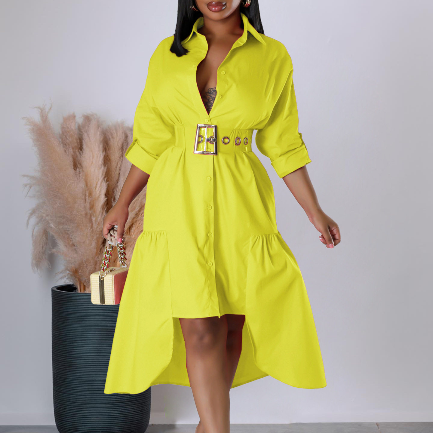 Womens Button Up Shirt Dress Solid Color Loose Fit Stylish Design Irregular Hem Casual Wear for Everyday Use