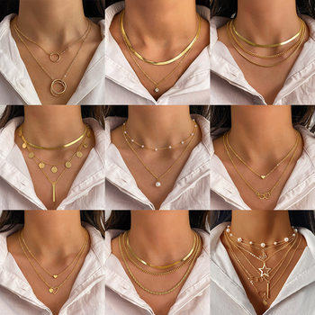 Hot-Selling Personalized Multi-Layered Necklace European and American Cross-Border Necklace Women's Small Solid Bar Pendant Clavicle Chain Necklace