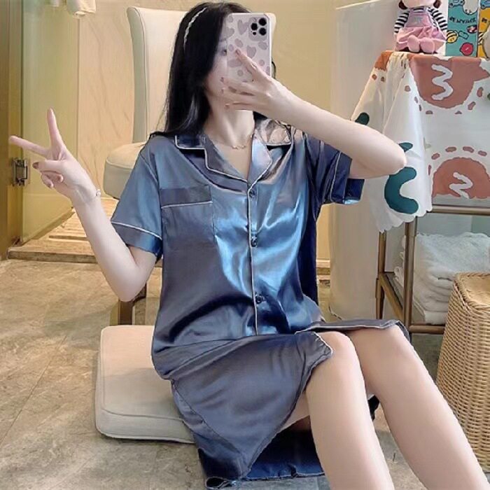 冰丝睡衣女夏季开衫短袖短裤仿真丝宽松大码跨境家居服套装M-5XL