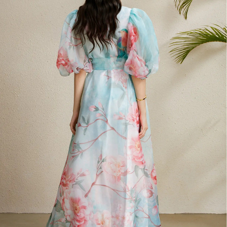 French Style Summer Dress Elegant 3D Floral Design Waist Tie Lantern Sleeves Printed Tulle Perfect for Parties and