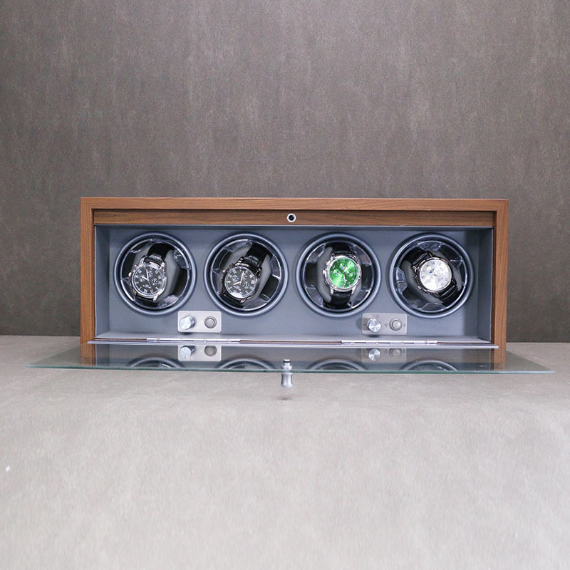 Black Walnut Grain Wooden Glass Door 4-Slot Watch Winder Mechanical Watch Winding Motor Box Watch Case with Dustproof Design