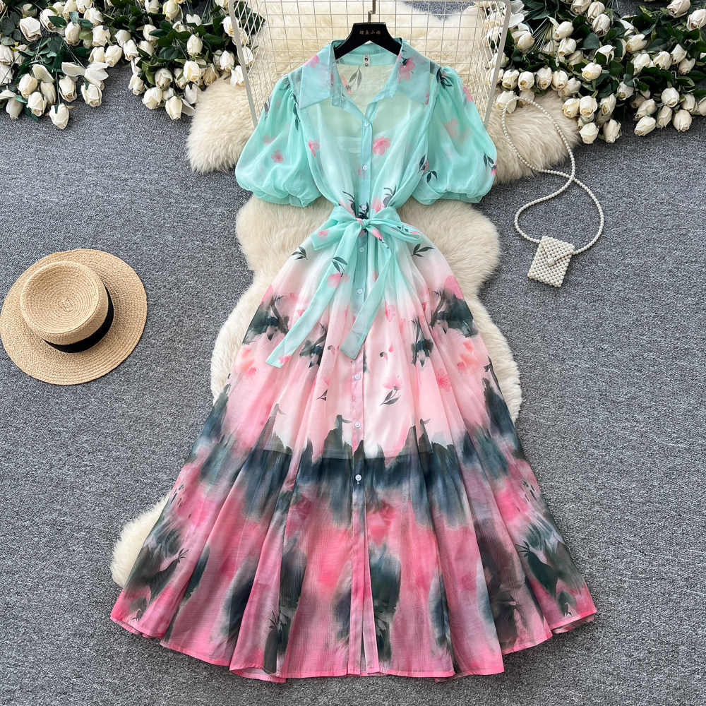 Tie Dye Gradient Print Shirt Dress Summer Style Lantern Sleeves Belted Waist A Line Silhouette Wholesale Available