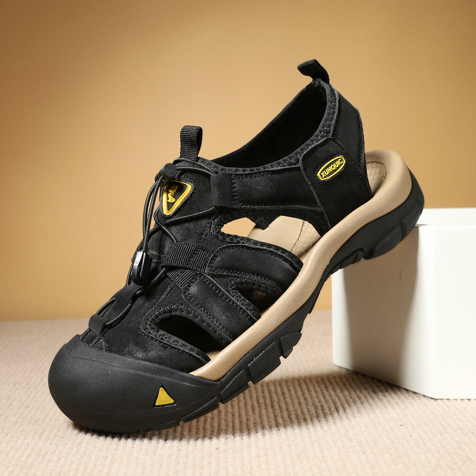 Dép Sandal Nam Bít Mũi Đi Nước Vải Dệt Thoáng Khí Đế Cao 3cm