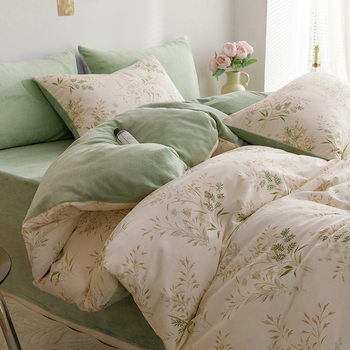 Floral cotton velvet four-piece milk velvet cotton quilt cover AB surface flannel bed sheet dormitory three-piece bedding
