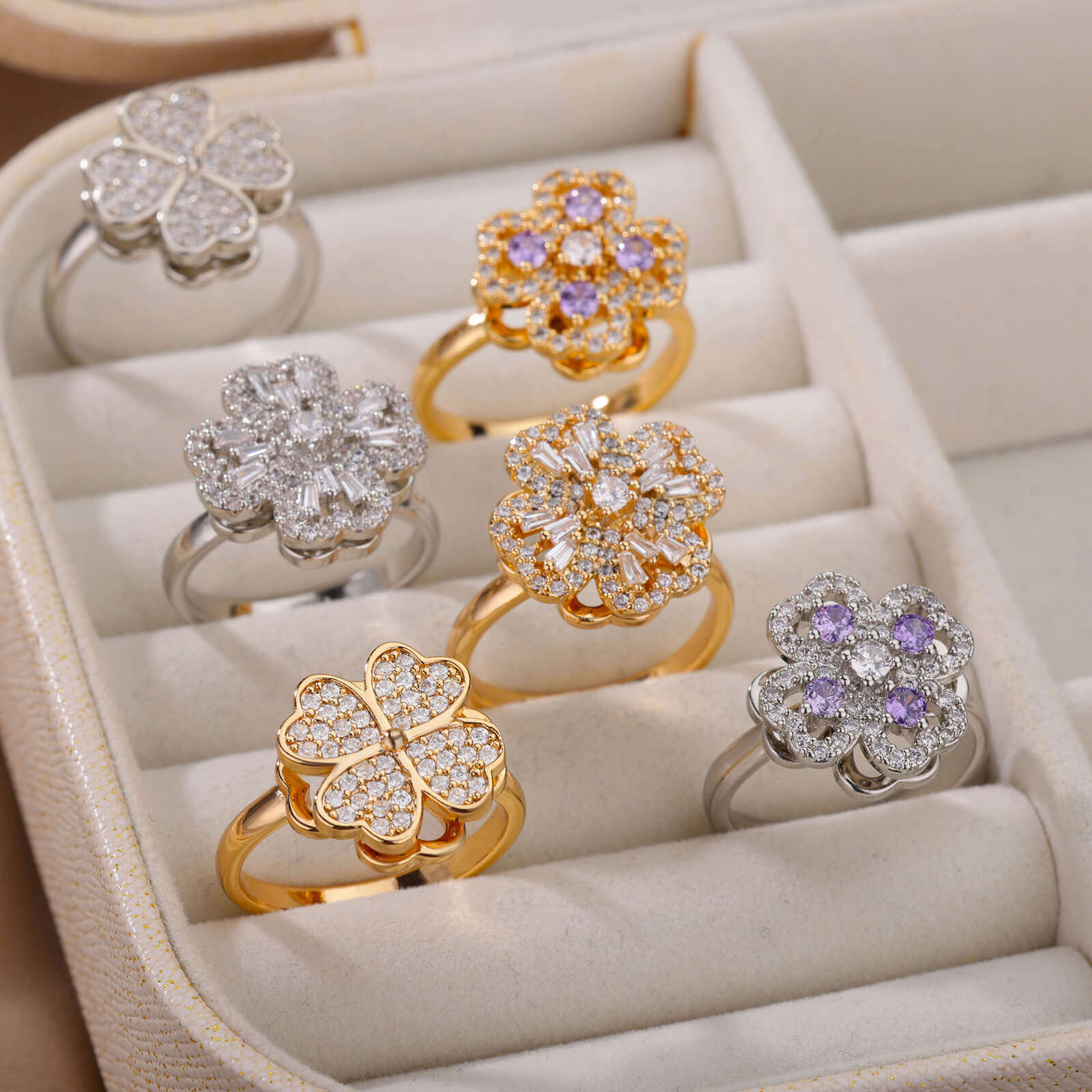 Cross-border new style rotatable zircon flower open ring fem...