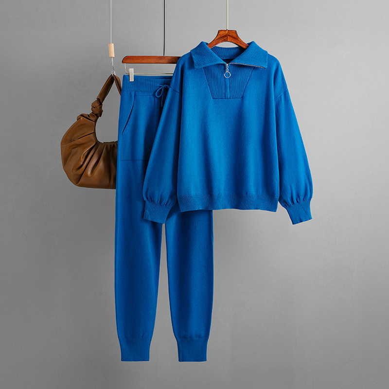 POLO领毛衣套装女秋冬外贸女装2023宽松欧美时尚休闲针织两件套