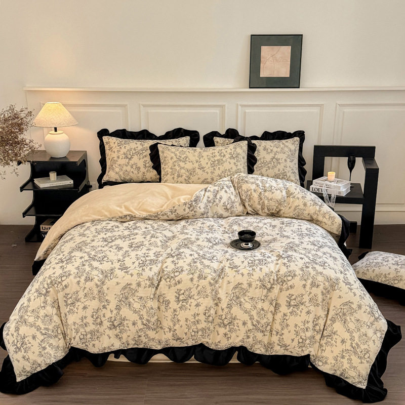 French Hepburn Style Milk Velvet Bed Four-Piece Set New Thickened Coral Velvet Lace Quilt Cover Bed Single Three-Piece Set