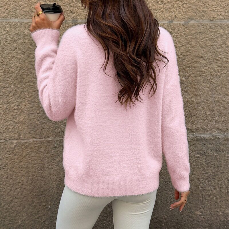 Pink Faux Mink Sweater Soft and Romantic Style Round Neck Long Sleeve Perfect for Valentines Day Wholesale