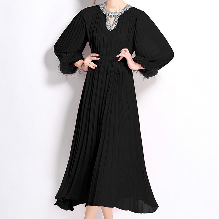 French Style Rhinestone Embellished Long Sleeve Dress Pleated Design Loose Fit Waist Tie Elegant Evening Wear