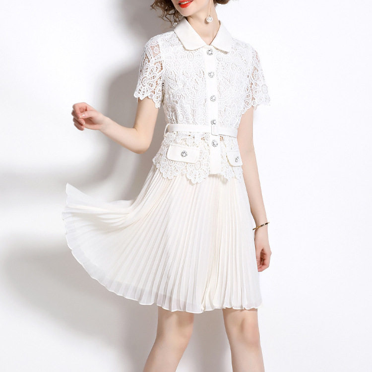 French Style Short Sleeve Lace Top with Button Ruffled Fashion Skirt Set Summer Wear for Women Wholesale Available