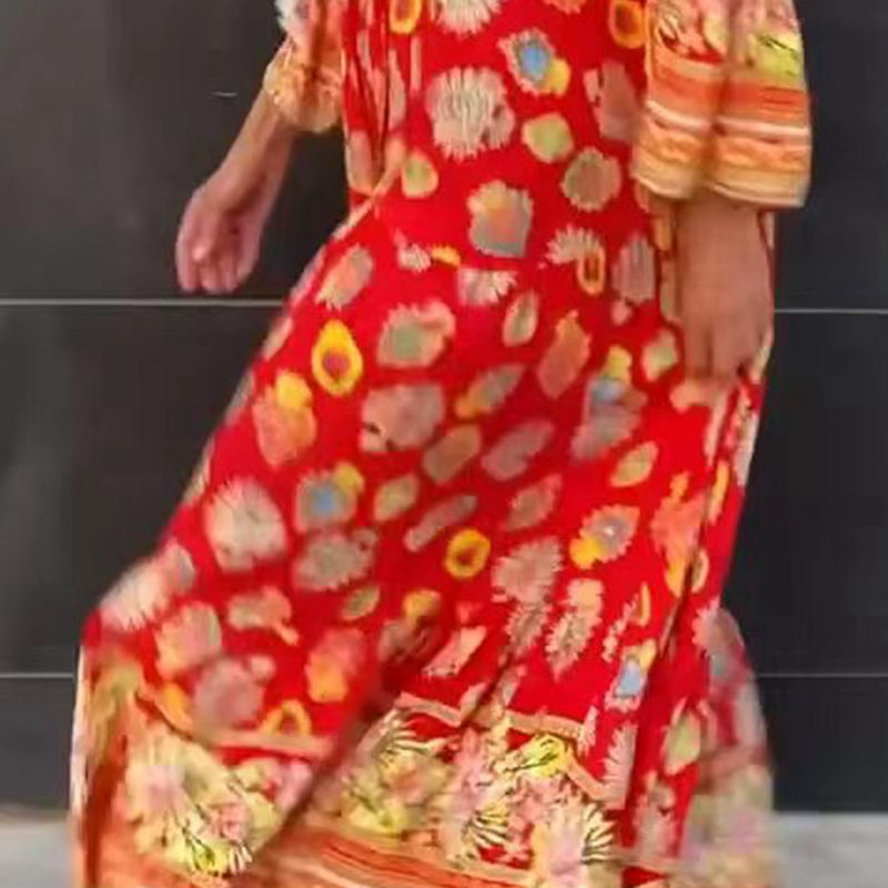 Floral Print Maxi Dress Elegant Fit Flared Hem Long Sleeve Spring Fall Fashion for Women Wholesale Available