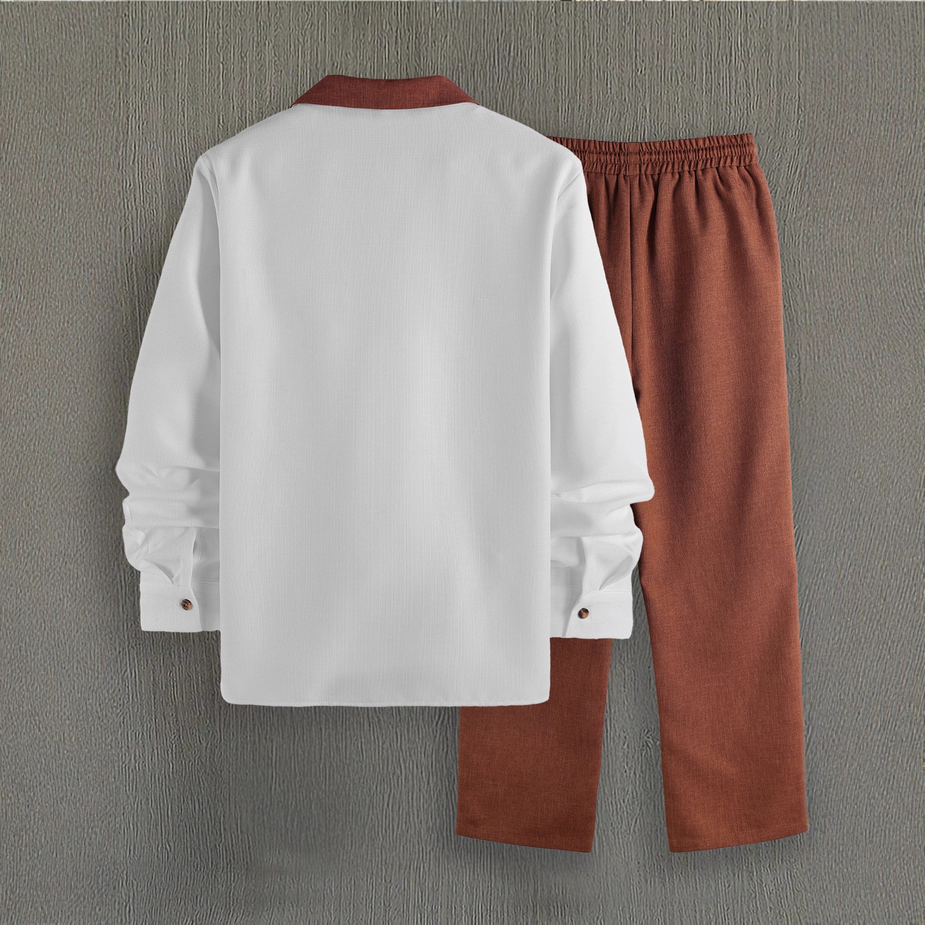 外贸男士春秋套装撞色西装领礼服开扣长袖衬衫长裤休闲两件套批发