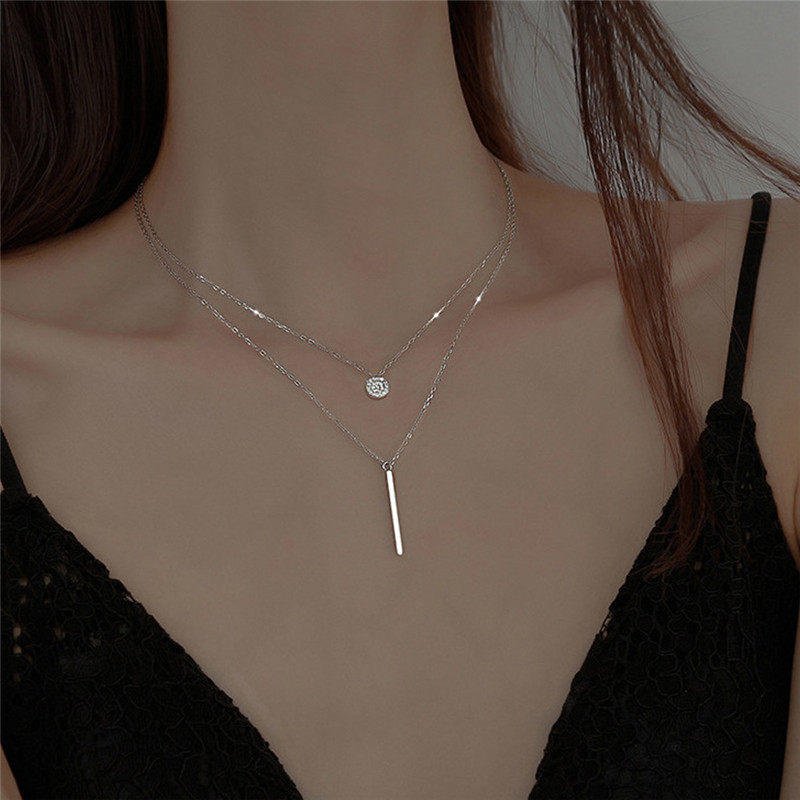 Cross-border geometric long flash diamond round double-layer necklace women's trendy simple fashion Diamond clavicle chain neck chain