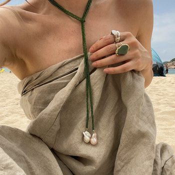 French Niche Emerald Green Pointed Crystal Natural Baroque Pearl Necklace Women's Ins High-end Multi-use Long Chain