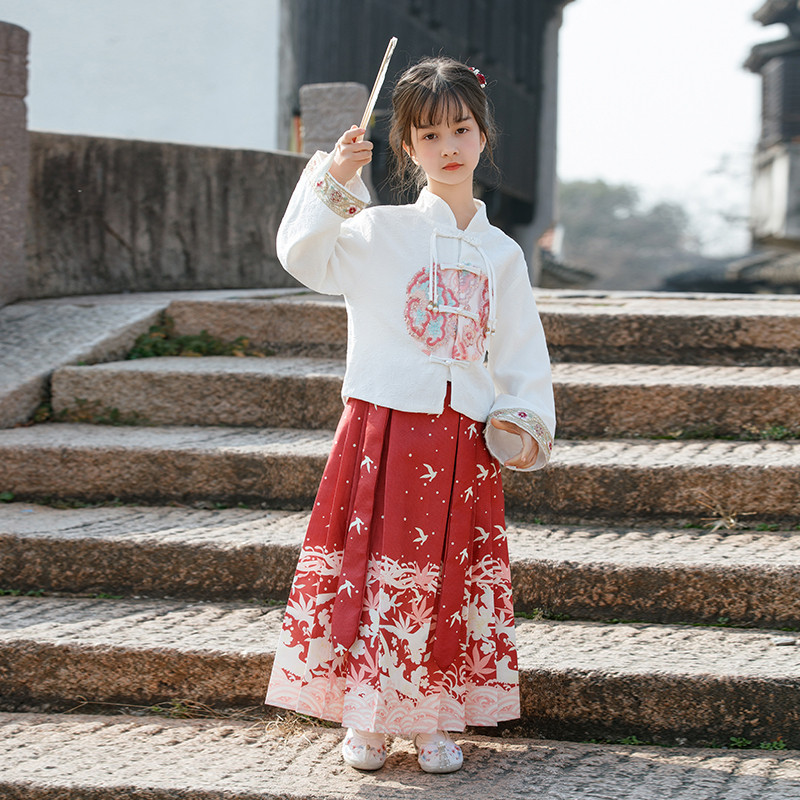 中大女童中国风古装裙子改良马面裙套装女孩儿童春秋汉服唐装童装 - 图1