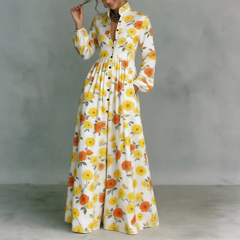 French Style Elegant Casual Loose Floral Maxi Dress Lightweight High End Womens Fashion Perfect for Spring Summer