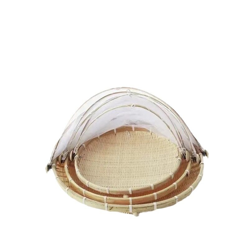 Farmhouse Bamboo Woven Products with Gauze Mesh Steamed Bun Basket to Prevent Flies and Mosquitoes, Sieve Dustpan, Dry Goods Drying Vegetable and Fruit Basket