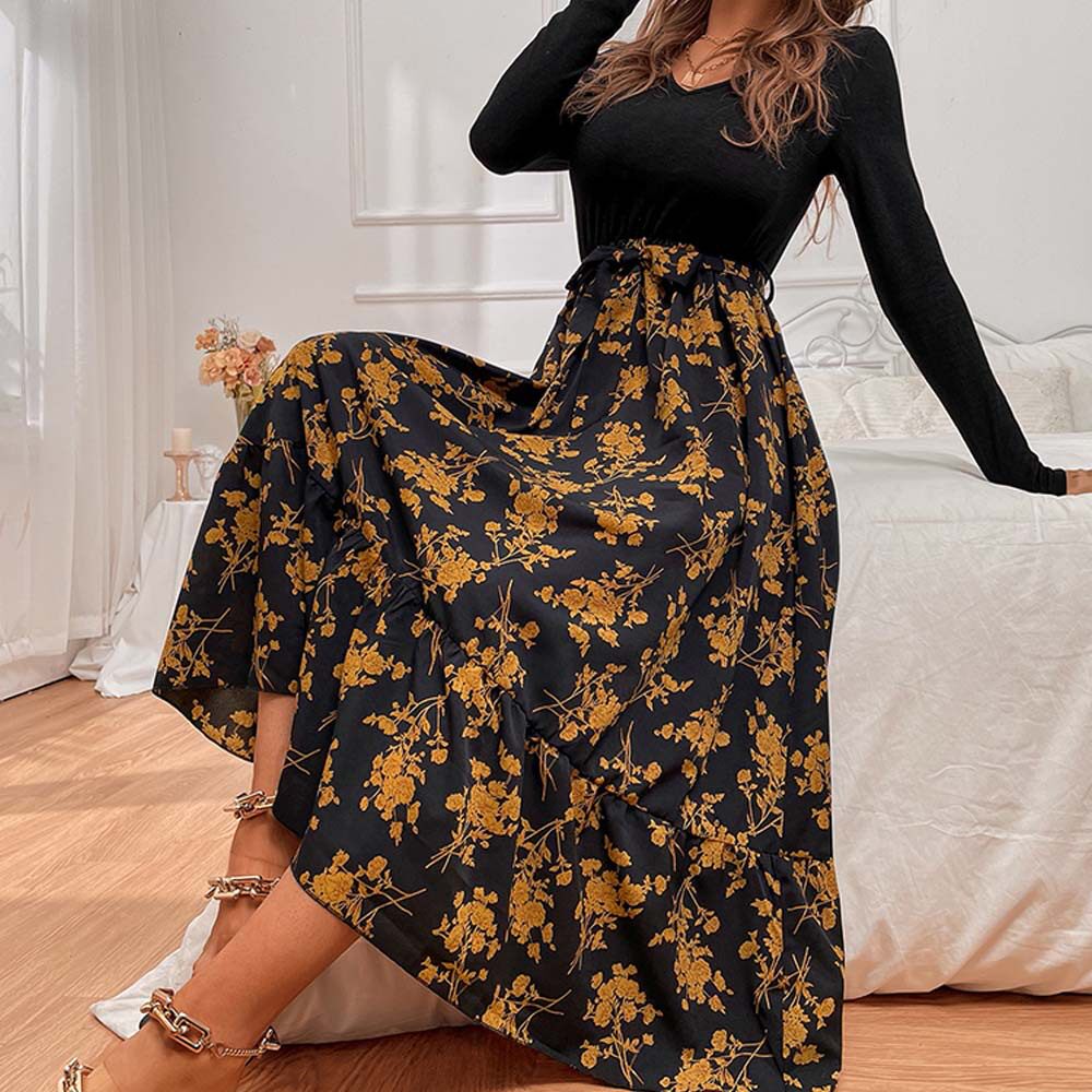 V Neck Floral Midi Dress Fresh and Gentle Style Autumn Winter Vacation Wear Wholesale Available