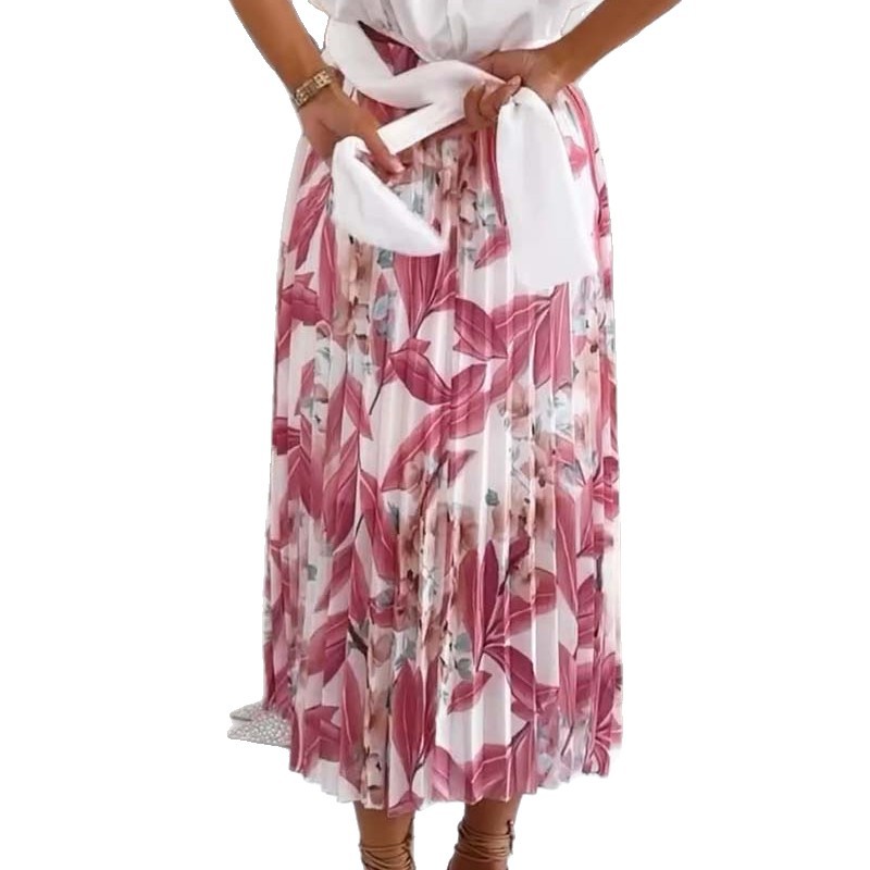 Bohemian Satin Pleated Midi Skirt Floral Print Accordion Pleats Elegant Style Perfect for Parties and Casual Wear