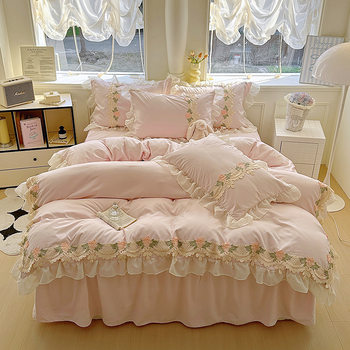 Korean Style Washed Cotton Bed Four-Piece Set Girl's Heart Bed Skirt Bed Sheet Bed Hat Princess Style Lace Four-Piece Set