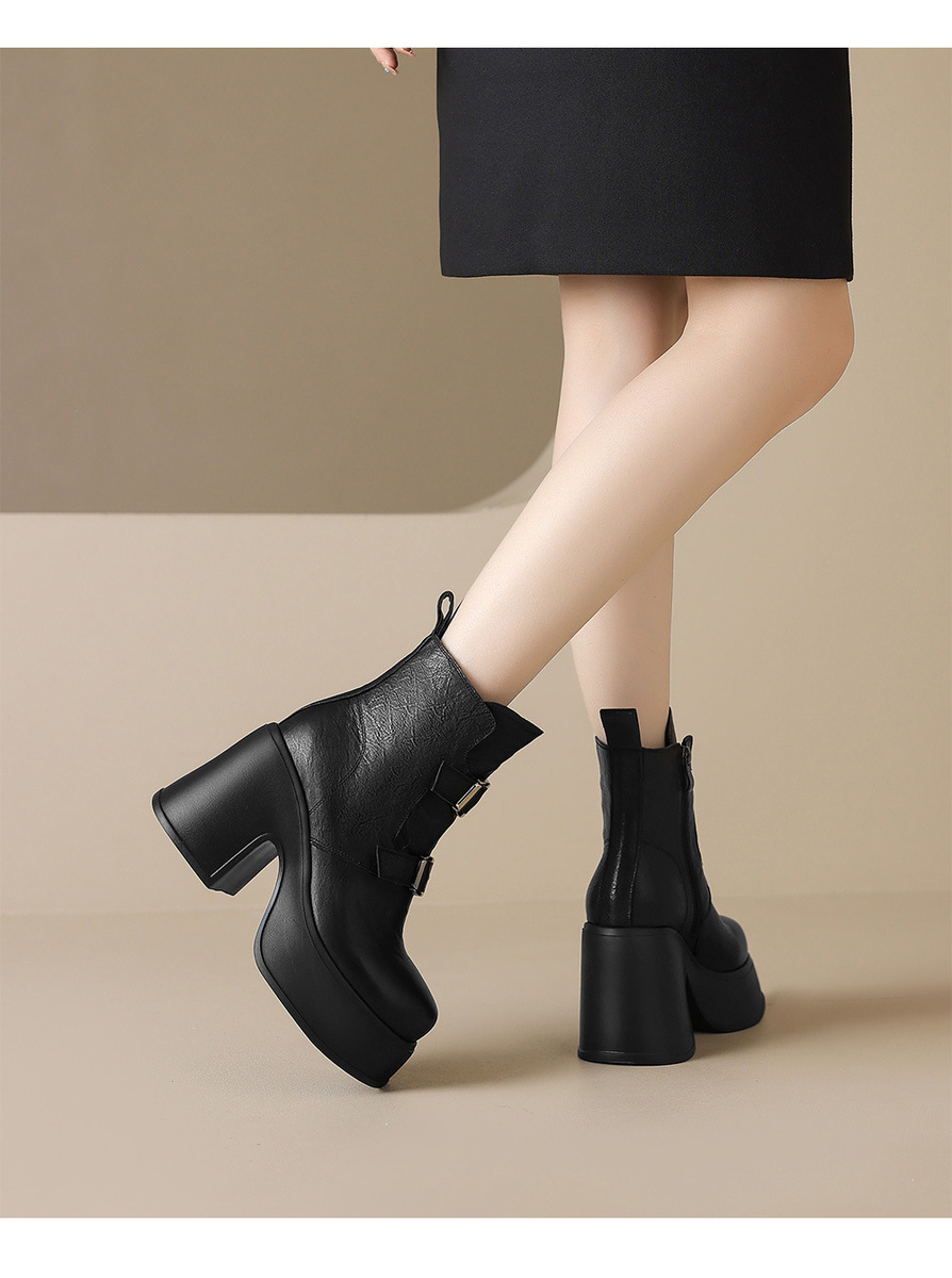 Boot nữ cổ thấp da bò thật khóa kéo bên hông, đế dày tăng chiều cao — Lớp lót đơn màu đen, Lớp lót đơn màu nâu, nhung đen, Nhung nâu