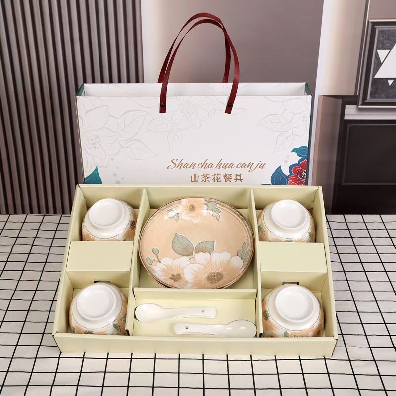 Camellia Ceramic Bowl, Plate, and Spoon Set Gift Box, Bowl and Plate Set Gift Box, Opening Event Gift, Business Gift
