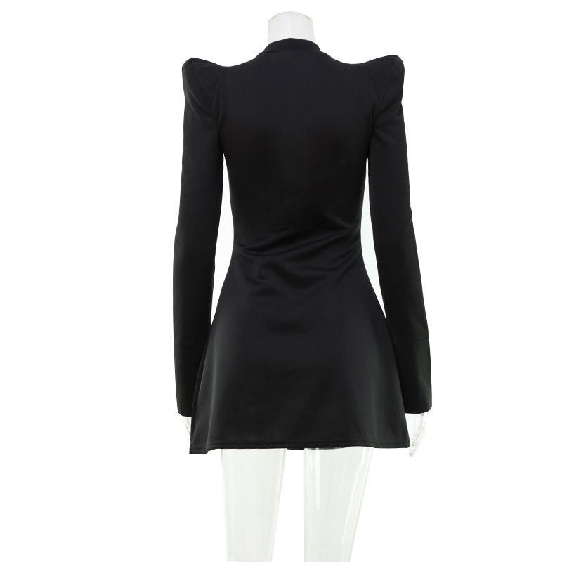Fashionable Womens Hollow Out Dress Sexy Shoulder Pads Solid Color Waist Defining Design Autumn Winter Collection
