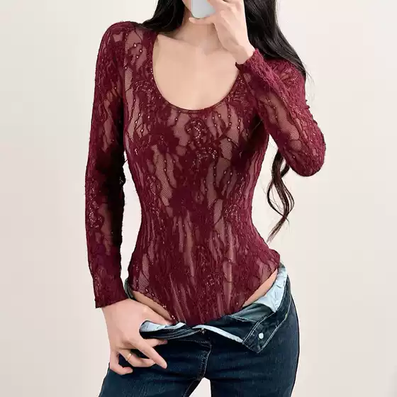 New Stylish Low Round Neck Long-Sleeve Women's T-Shirt with Lace Mesh Patchwork, Sexy and Alluring One-Piece Bodysuit