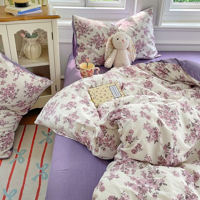 Super Soft Cloud-Like Kapok Double-Layer Gauze Three-Piece Set for College Students, Suitable for Sleeping Naked, Mother and Baby Grade Floral Duvet Cover, Fitted Sheet Style Four-Piece Set