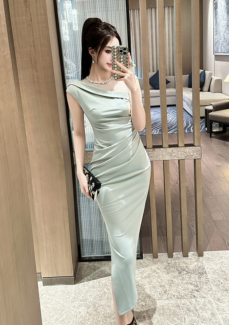 Đầm ôm body nữ cổ tròn tay ngắn phong cách Pháp — [Xanh nước biển] chi tiết 1
