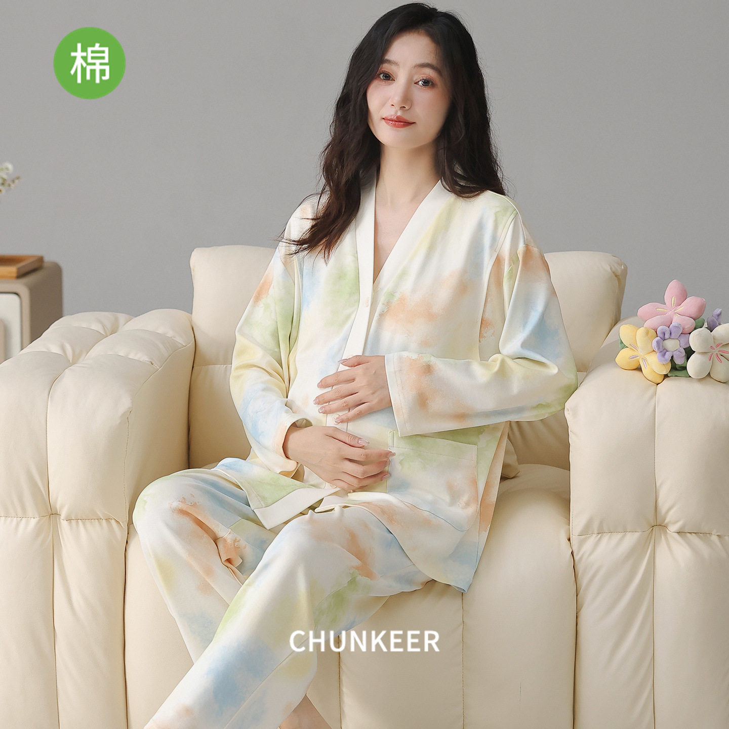 Postpartum Clothing Autumn and Winter Long-Sleeved Prenatal and Postpartum Maternity Pajamas Pregnancy Maternity Nursing Home Wear Set Plus Size