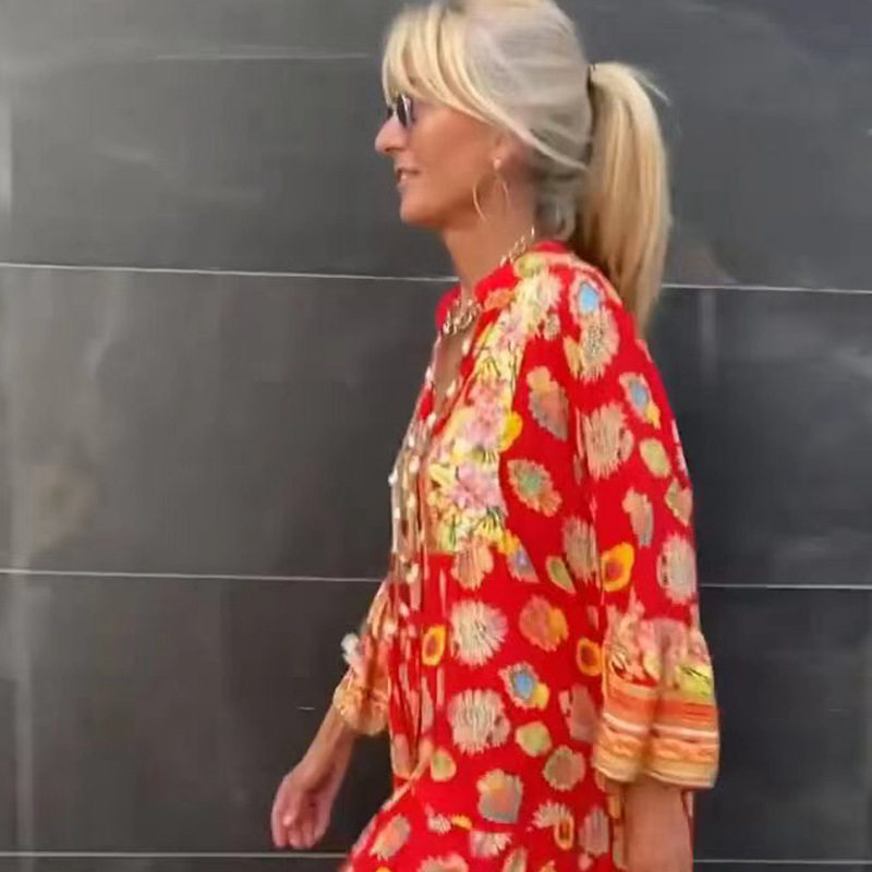 Floral Print Maxi Dress Elegant Fit Flared Hem Long Sleeve Spring Fall Fashion for Women Wholesale Available