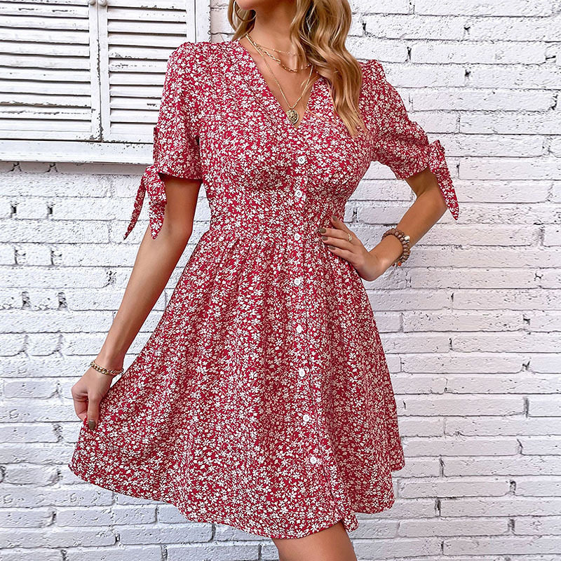 V Neck Floral Print Short Split Dress Summer Style Womens Casual Wear Wholesale Available private label