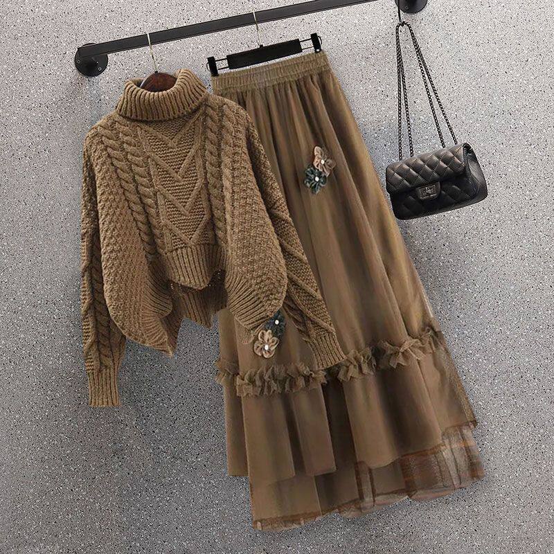 Z2024 Autumn and Winter New Korean-style Retro Slimming Knitted Sweater Women's Styky Age-reducing High Waist Skirt Two-piece Set