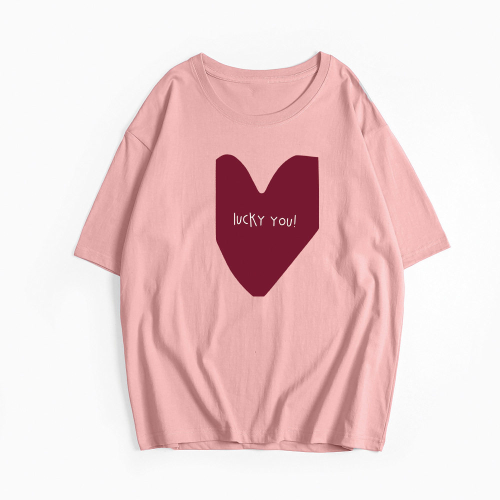 Womens Summer Heart Print T Shirt Casual Loose Fit Round Neck Short Sleeve 100 Cotton Versatile Everyday Wear