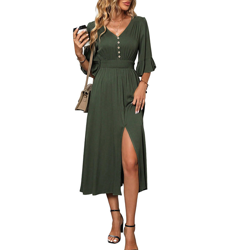 Elegant V Neck Flare Sleeve Midi Dress Solid Color Summer Style Perfect for Casual or Formal Occasions Wholesale