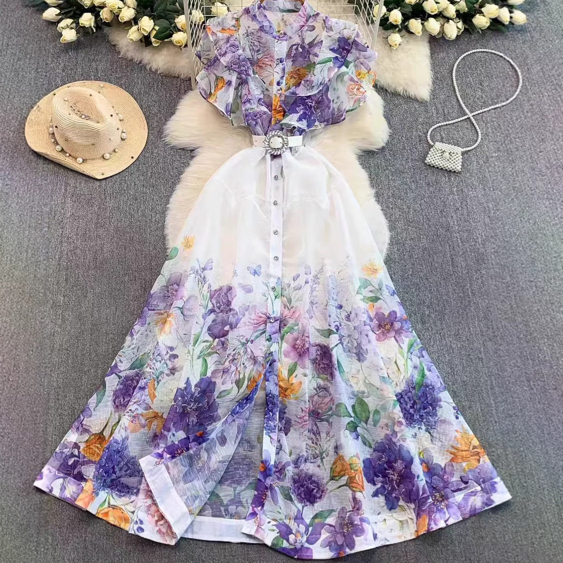 Elegant Ruffled Sleeve Dress Spring Fall Floral Print Rhinestone Button Tie Waist Flared Hem Perfect for Vacations
