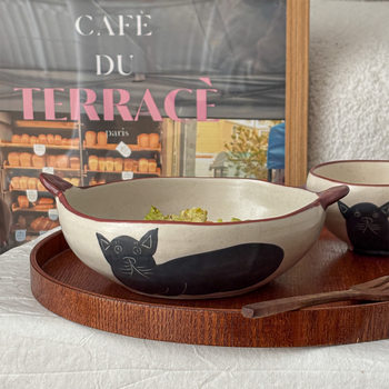 Mooney Hand-Painted Black Cat Bowl Stoneware Tableware Double-Eared Salad Bowl with Handle Anti-Scalding Cup and Saucer Housewarming Moving Ceramic Gift