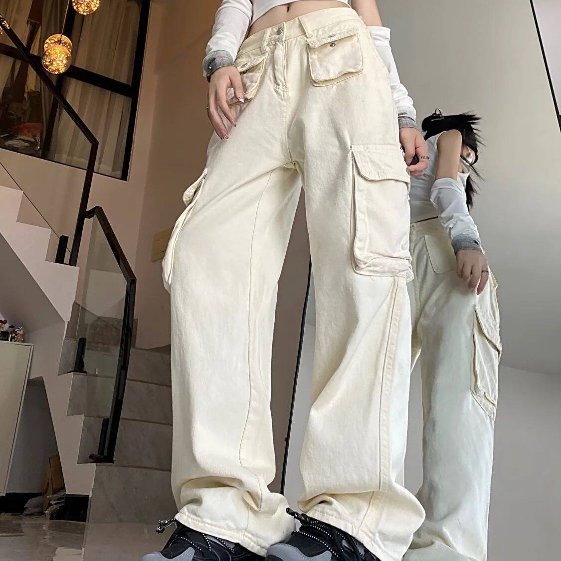 Womens White Cargo Pants Loose Fit Multi Pocket Design Flattering Wide Leg Trendy Autumn Wear Wholesale Available
