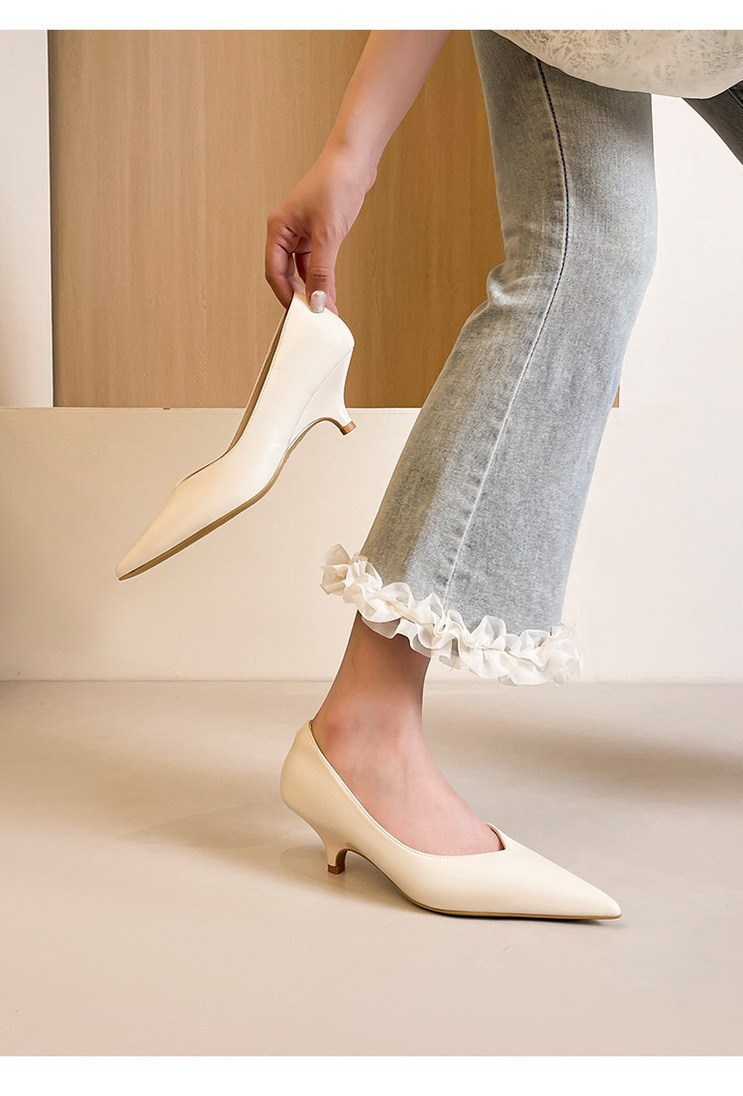 Giày cao gót nữ mũi nhọn cổ V hở mu bàn chân kiểu lười, gót trung 5cm thanh lịch đi làm dự tiệc — màu đen, Màu đỏ rượu, Màu trắng ngà
