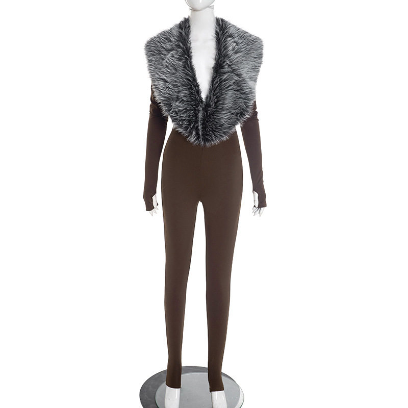 Q25JP303欧美时尚辣妹女装2025秋冬款长袖毛毛踩脚套指紧身连体裤