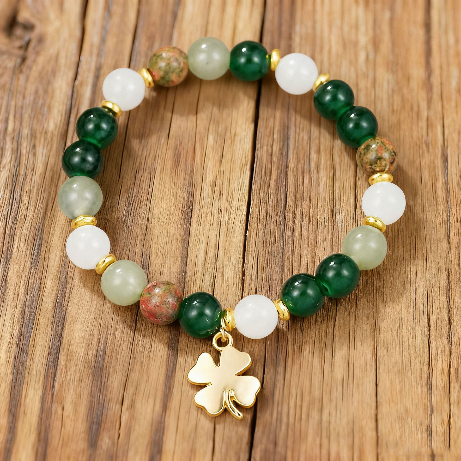 Cross-Border New Product European and American Retro Style Four-Leaf Clover Single Beaded Bracelet Handmade Beaded 8mm Natural Stone Bracelet for Women