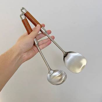 Food Grade 304 Stainless Steel Mini Cooking Spatula Household Pear Wood Handle Soup Spoon Spatula Kitchen Utensils Long Handle