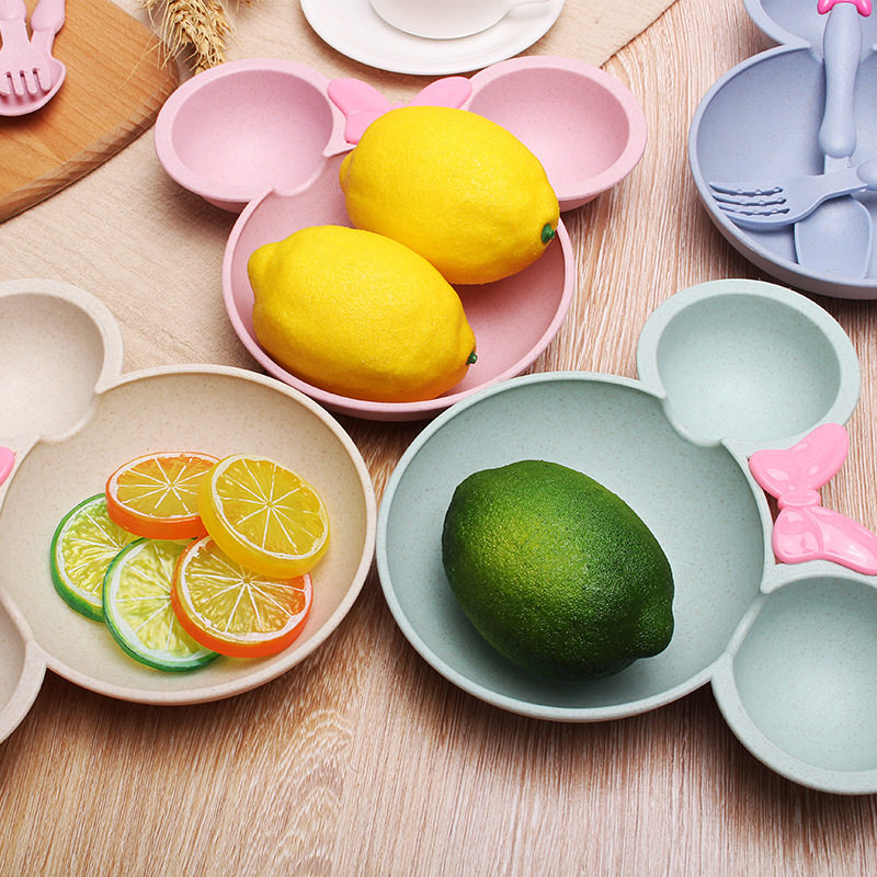 Children's wheat straw grid plate fast food plate Cartoon creative food supplement bowl kindergarten tableware gift printed logo