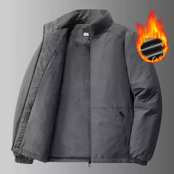 Fleece-Lined Men's Jacket for Autumn and Winter, Thickened Stand Collar Windproof Coat, Retro Casual Outdoor American-Style Workwear Sports Jacket