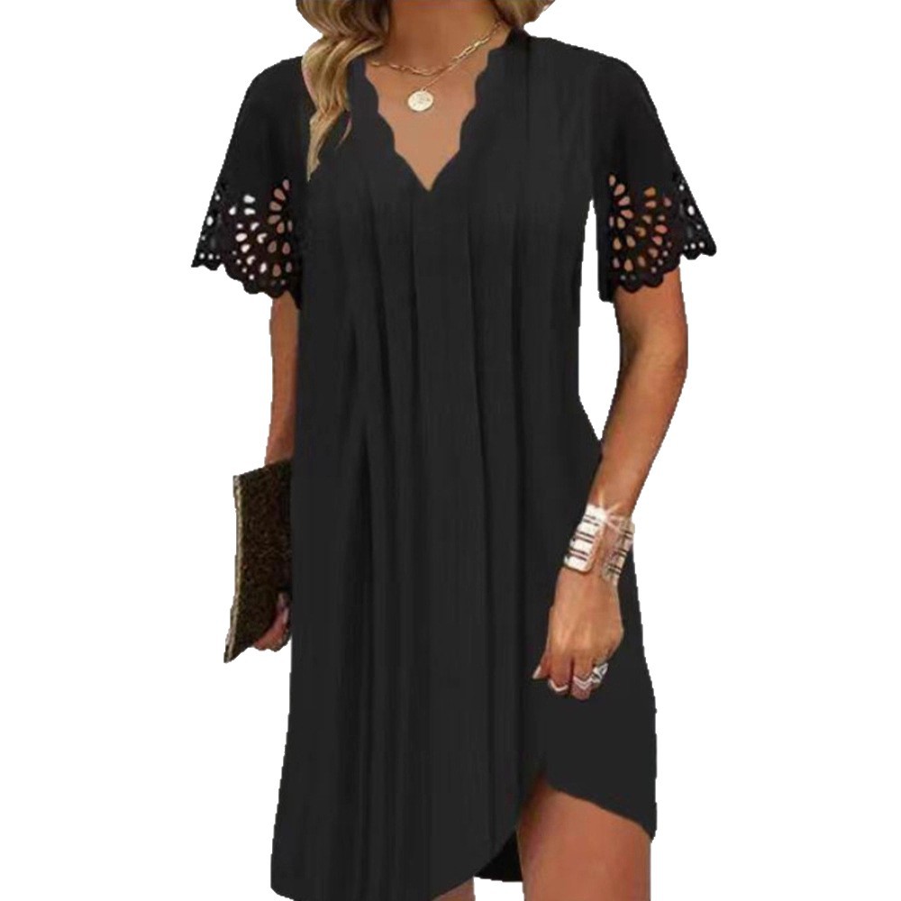 Elegant Hollow Wave Collar Short Sleeve Dress Solid Color Summer Style Perfect for Casual or Formal Occasions
