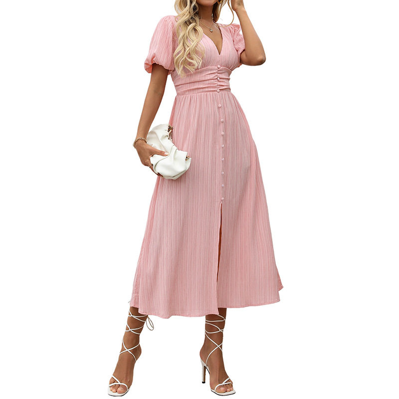 High End Pink Puff Sleeve Dress Elegant Design Perfect for Valentines Day or Special Occasions Wholesale Available
